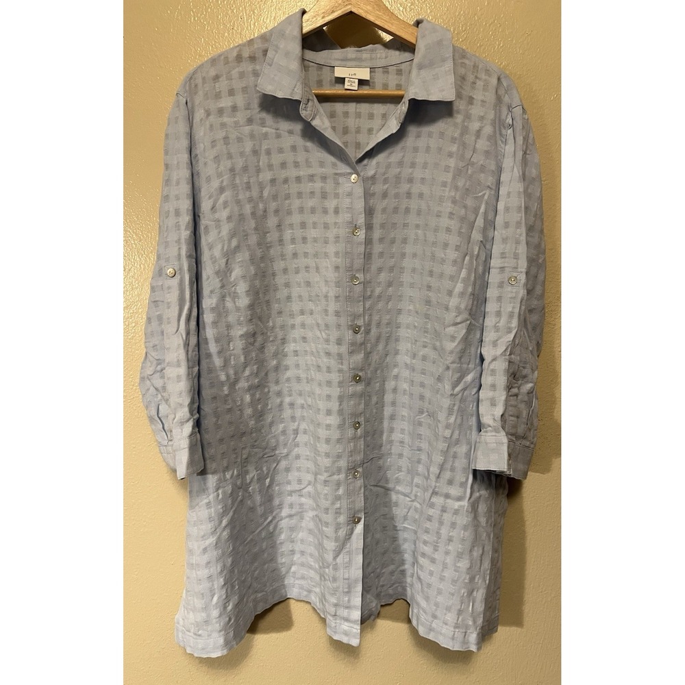 J. Jill Burn Out Plaid Check Button Down Shirt Tunic Roll Tab Womens 2X Lt Blue